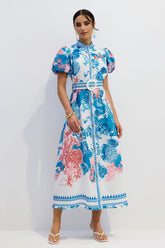 Mavi Beyaz Çiçek Desenli Kemerli Midi Elbise Zalle